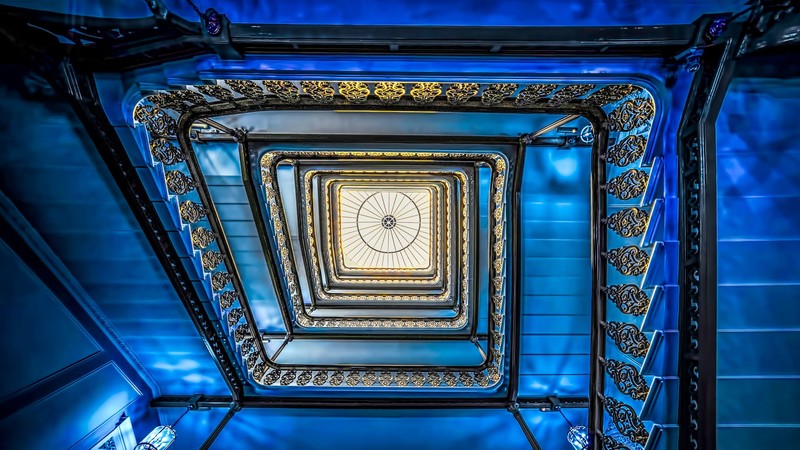 lights, blue, ladders, stairs, architecture, railings, bottom view, light bulb, staircase, The Grand Brighton Hotel, Brighton, England, UK