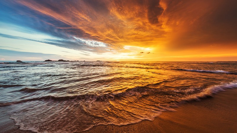 waves, sand, beach, coast, rocks, clouds, sky, sunset, horizon, Indian Ocean, Sri Lanka