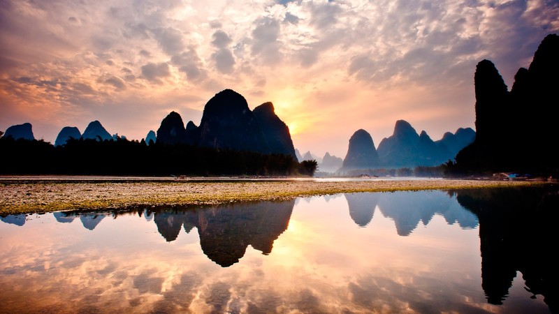 clouds, landscape, mountains, water ripples, sky, Sun, trees, sunrise, plants, nature, Li River, China