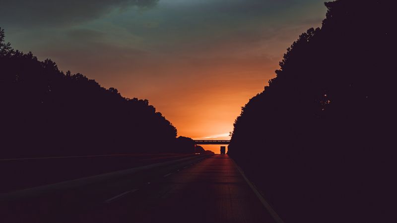 road, sunset, movement, clouds, twilight, 4k