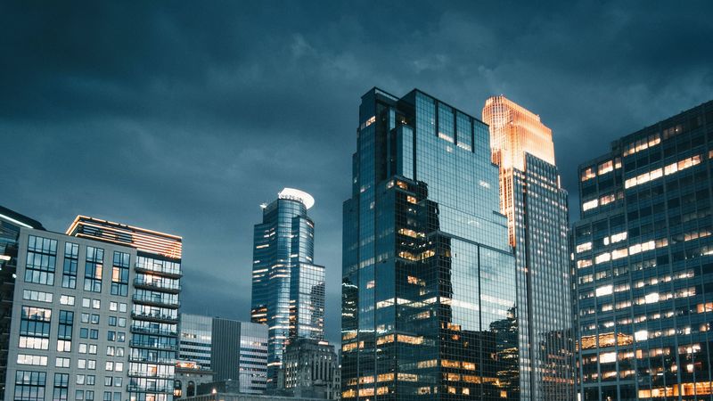 buildings, night city, road, 4k