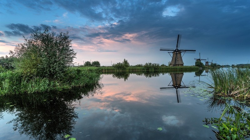 Netherlands, windmill, lake, water, reflection, plants, sky, clouds, nature, landscape