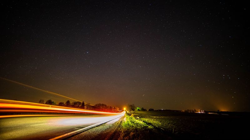 road, long exposure, starry sky, stars, night, 4k