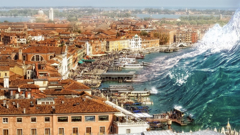 creativity, waves, sea, city, photo manipulation, Tsunami