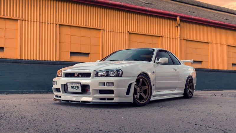 Nissan Skyline GT-R R34, Nissan Skyline, Nissan, Japanese cars, JDM, car, vehicle, white cars, sports car, corrugated iron, outdoors