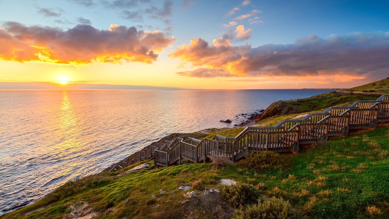clouds, sky, mountains, water ripples, Sun, stairway, ladders, horizon, Hallett Cove Conservation Park, Australia, landscape
