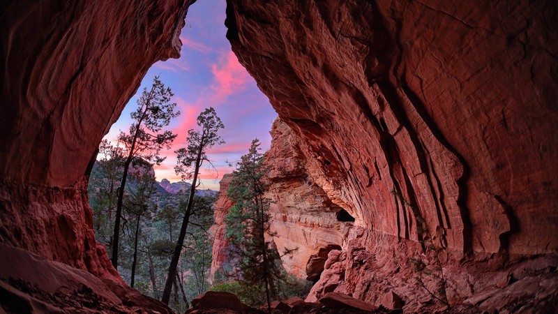 trees, rocks, mountains, clouds, sky, canyon, sunset, Red Rock State Park, Arizona, USA, landscape
