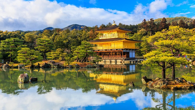 clouds, rocks, lake, reflection, trees, water ripples, mountains, sky, Asian architecture, architecture, pavilion, Kinkaku-ji, Kyoto, Japan