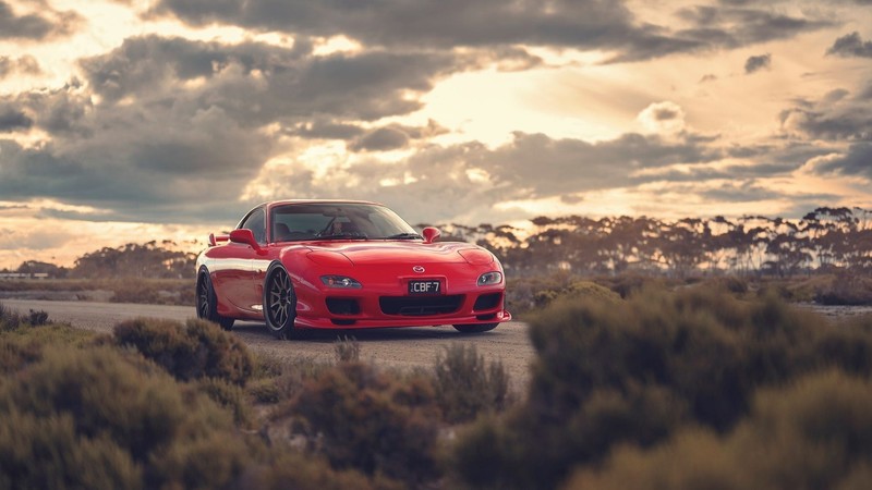Mazda RX-7 FD, Mazda RX-7, Mazda, Japanese cars, JDM, red cars, car, vehicle, sports car, sky, clouds, sunset, Bushes, trees, pop-up headlights, outdoors
