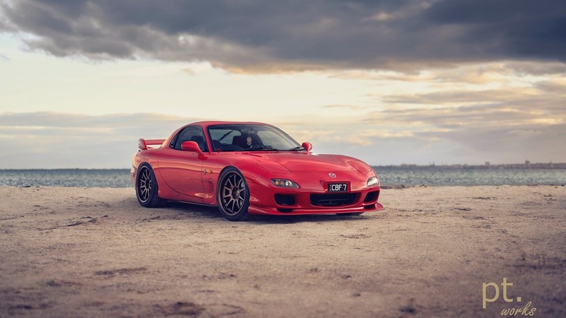 Mazda RX-7 FD, Mazda RX-7, Mazda, Japanese cars, JDM, beach, clouds, red cars, sports car, car, vehicle, sand, water, pop-up headlights, outdoors