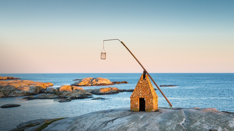sky, rocks, horizon, water ripples, clear sky, light house, sunset, Norway, Verdens Ende, landscape