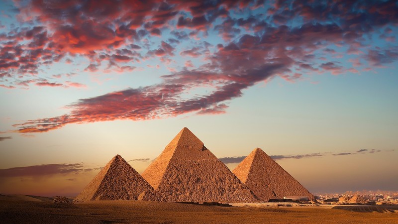 sky, clouds, city, pyramid, sunset, Pyramids of Giza, Cairo, Egypt, architecture