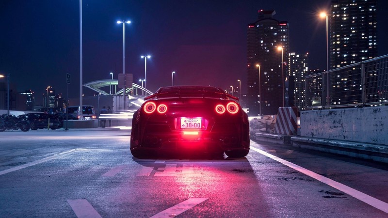 Nissan GT-R, Nissan, Japanese cars, JDM, night, city, car, vehicle, rear view, street light, skyscraper, road, sports car, lights