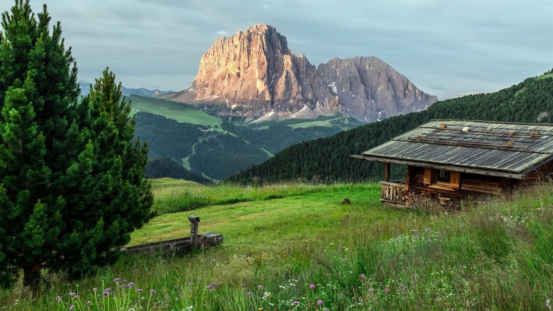 landscape, nature, mountains, rocks, forest, grass, trees, plants, house, cabin, building, clouds