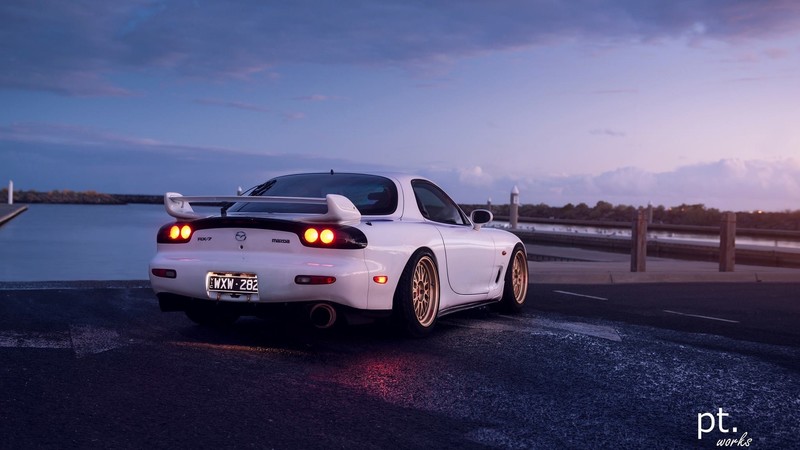 Mazda RX-7 FD, Mazda RX-7, Mazda, Japanese cars, JDM, white cars, sky, clouds, water, boat, car, vehicle, sports car, outdoors, taillights