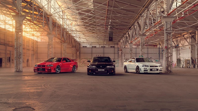 Nissan Skyline GT-R R34, Nissan Skyline GT-R R33, Nissan Skyline, Nissan, Nismo, Japanese cars, JDM, red cars, purple cars, white cars, shed, graffiti, car, vehicle, sports car, indoors