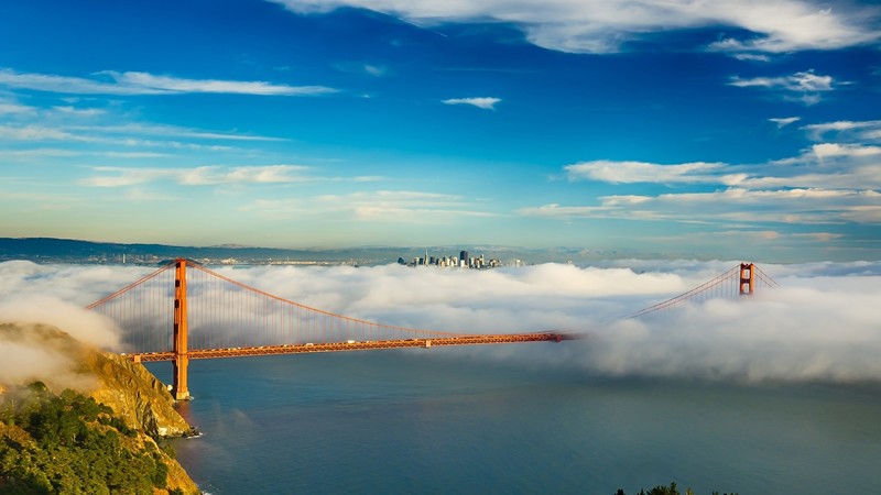bridge, sea, clouds, sky, city, nature, car, landscape, skyscraper, mountains, Golden Gate Bridge, San Francisco
