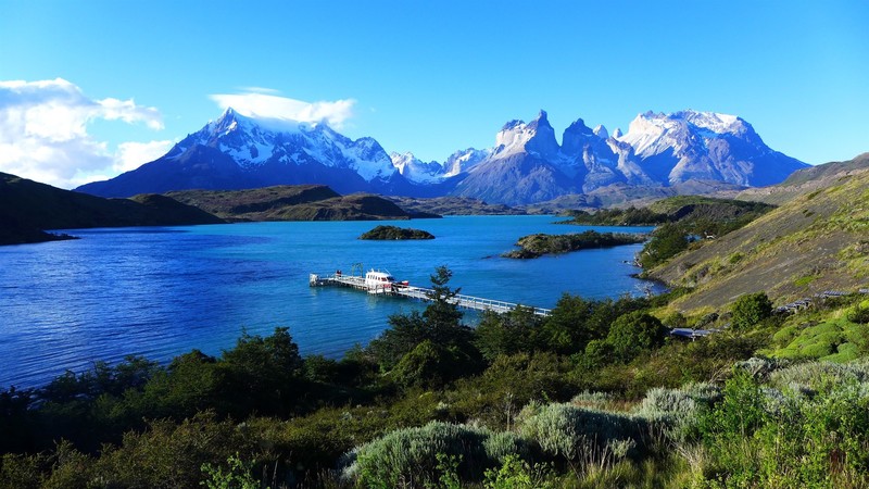 landscape, nature, mountains, snow, hills, lake, sky blue, clouds, plants, Chile, Patagonia