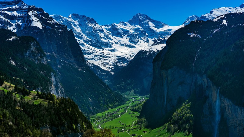 grass, nature, landscape, snowy mountain, trees, valley, house, village, road, snow, Alps, Switzerland