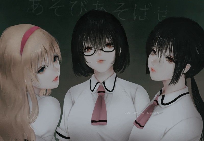 anime girls, Aoi Ogata, Asobi Asobase, long hair, short hair, 2D, school uniform, women with glasses, blond hair, black hair, Hanako Honda (Asobi Asobase), Kasumi Nomura (Asobi Asobase), Olivia (Asobi Asobase), small boobs, big boobs, blue eyes, red eyes, fan art, anime