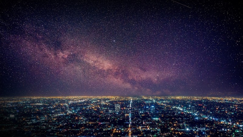 aerial view, drone photo, nature, landscape, stars, galaxy, Milky Way, shooting stars, house, city, lights, road, cityscape, Los Angeles, California, USA