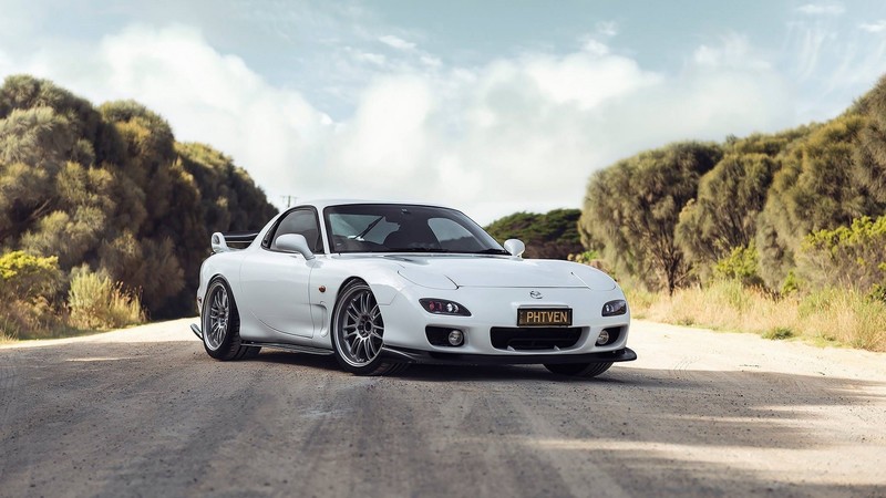 Mazda RX-7, Mazda, JDM, Japanese cars, Mazda RX-7 FD, white cars, road, dirt, trees, sports car, car, vehicle, Bushes, outdoors