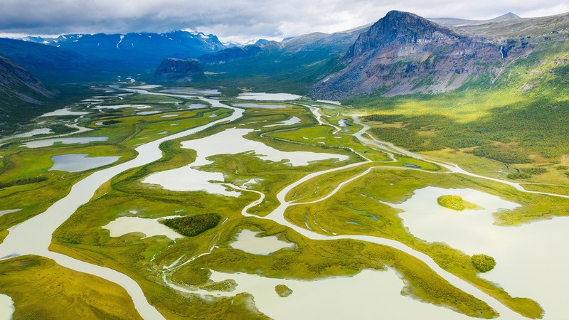 mountains, clouds, forest, Monsoon, aerial view, drone photo, nature, landscape, lake, river, trees, rocks, Sarek National Park, Sweden
