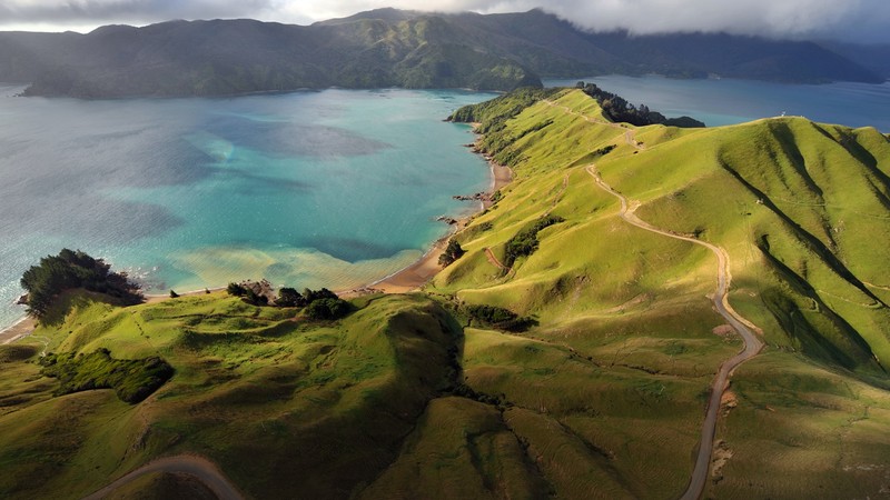 aerial view, drone photo, landscape, nature, road, grass, clouds, mountains, Marlborough, New Zealand, Pacific Ocean