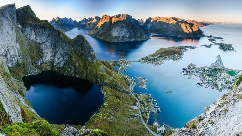 aerial view, drone photo, landscape, nature, mountains, sunset, road, house, rocks, lake, town, Lofoten Islands, Norway, Reine