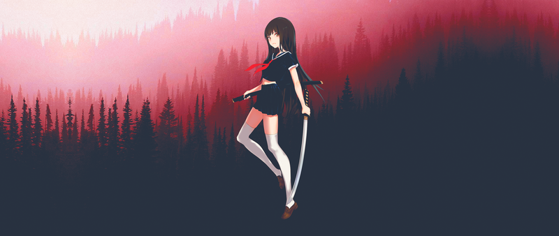 anime, anime girls, red, katana, forest, ultrawide, skirt, Japanese clothes, black hair