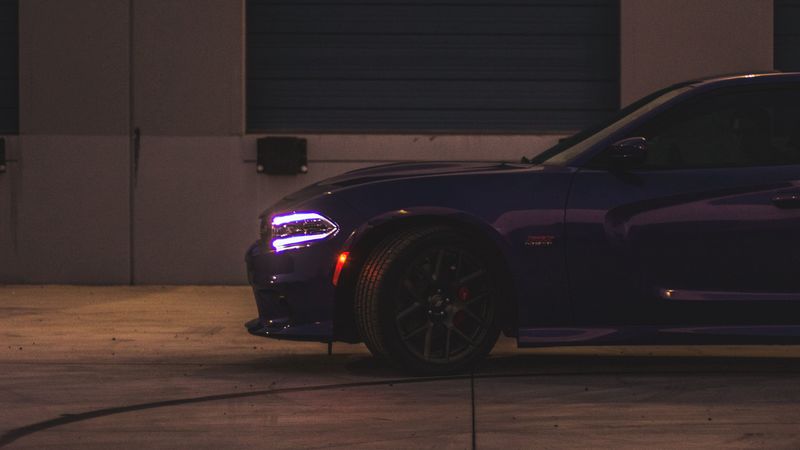 dodge charger, side view, headlight, purple, 4k
