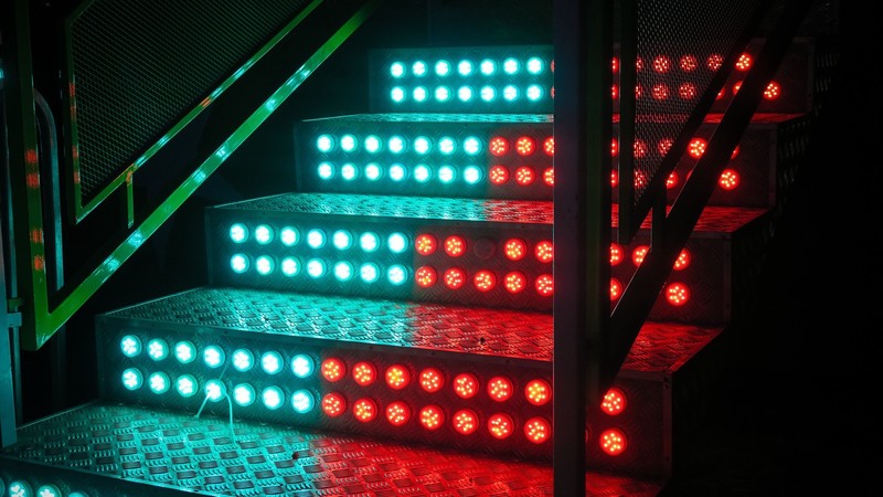 metal, stairs, lights, red light, blue light, red, blue, contrast, LEDs