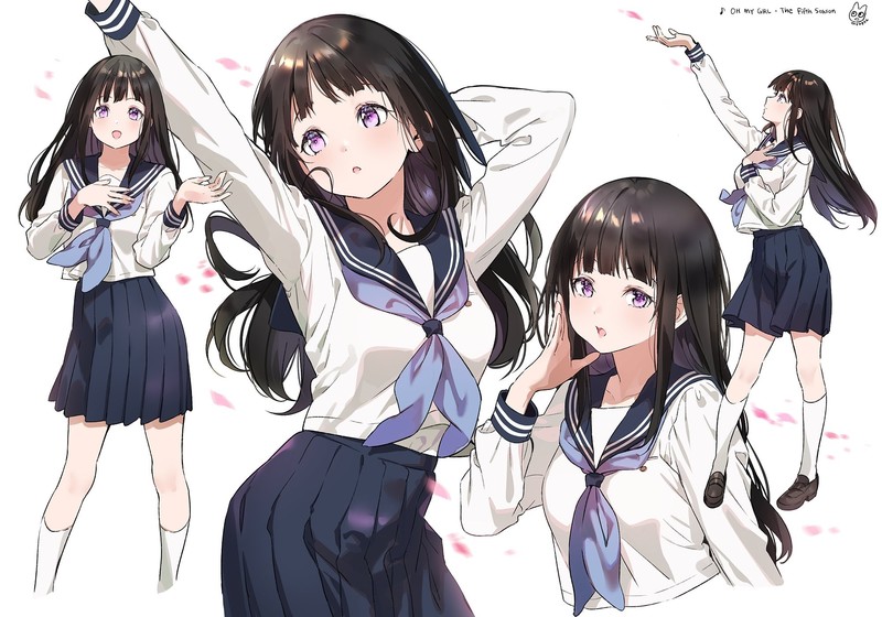 Hyouka, anime girls, big boobs, simple background, school uniform, long hair, black hair, thighs, Chitanda Eru, open mouth, looking at viewer, 2D, violet eyes, fan art, anime