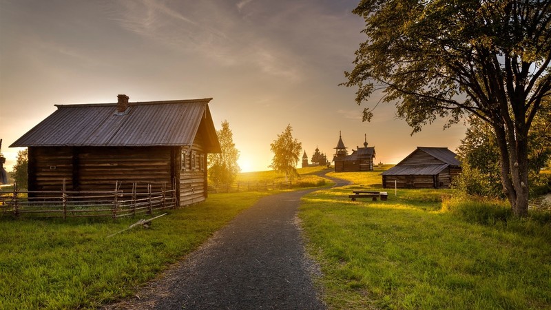 house, grass, trees, building, road, sunset, nature, landscape, sky, clouds