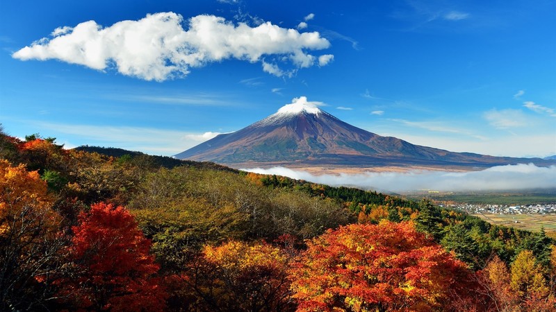 Japan, Mount Fuji, sky blue, clouds, nature, landscape, mountains, trees