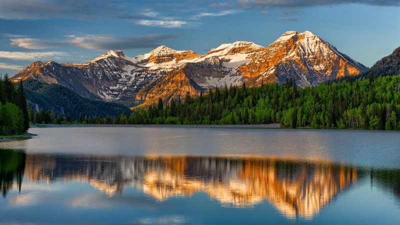 landscape, nature, mountains, forest, lake, trees, water, sky blue, clouds, snow, reflection