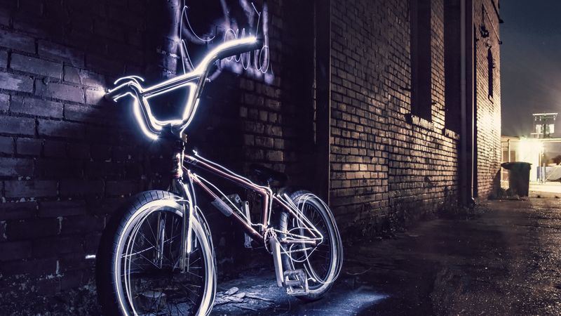 bicycle, neon, steering wheel, yard, evening, 4k