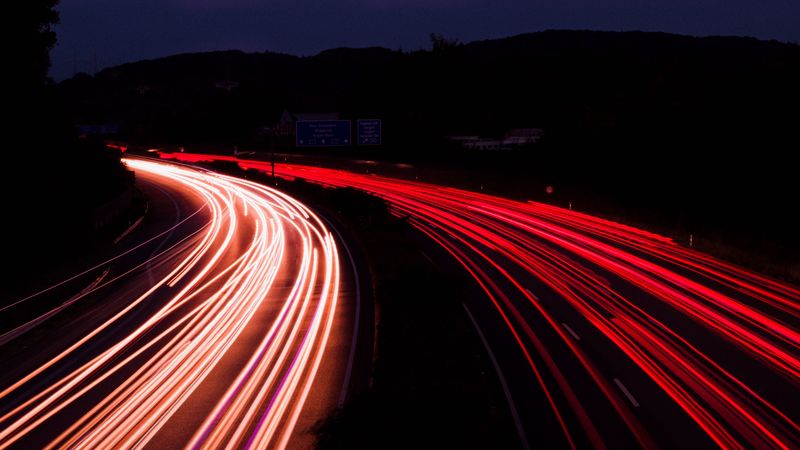 road, night, long exposure, backlight, turn, dark, 4k