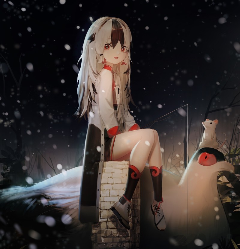 anime, anime girls, digital art, artwork, 2D, portrait display, vertical, red eyes, snow, winter, blonde, sitting, legs together, Arknights, Snowsant(Arknights)