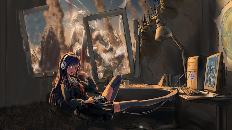anime, Gamer, apocalyptic, joystick, anime girls, headphones, stockings, legs, ruin