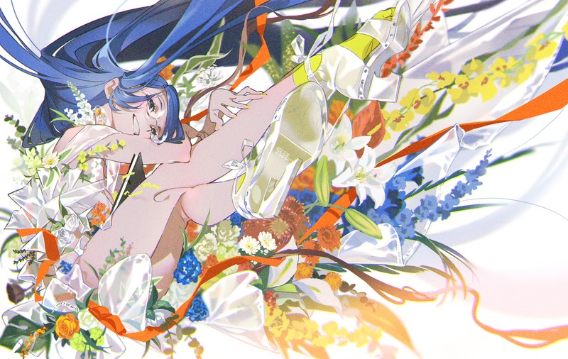 anime, anime girls, digital art, artwork, 2D, portrait, colorful, blue hair, legs, smiling, flowers