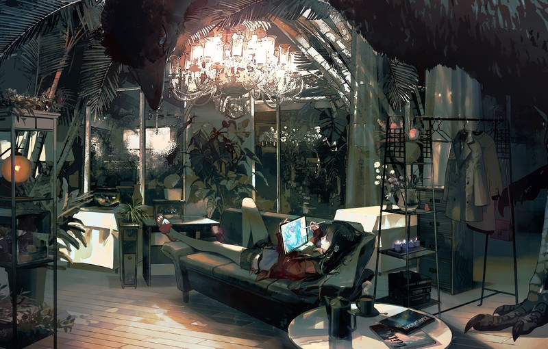 anime, anime girls, digital art, artwork, 2D, portrait, couch, room, interior, dark hair, legs, indoors