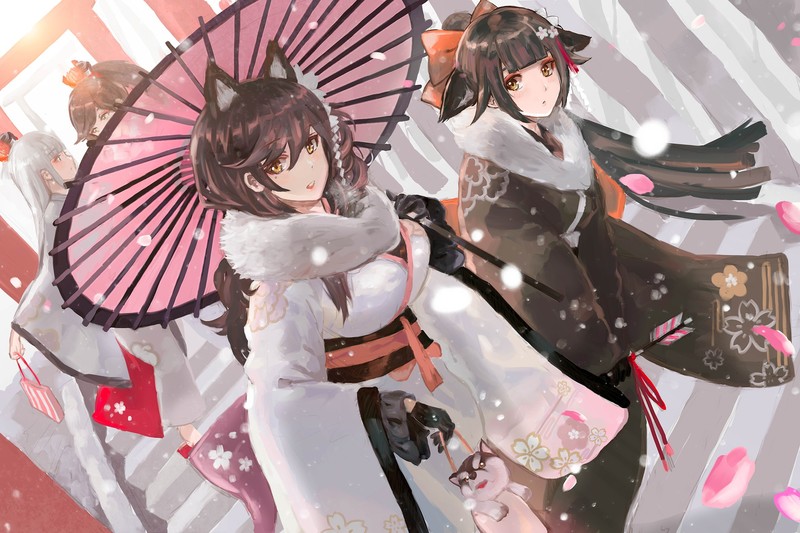 anime, anime girls, digital art, artwork, 2D, portrait, umbrella, snow, animal ears, yellow eyes, fantasy girl, Azur Lane, Atago (Azur Lane), Takao (Azur Lane), zuikaku (Azur Lane), Shoukaku (Azur Lane)