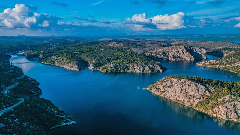 lake, aerial view, islands, sky, clouds, landscape, 4k