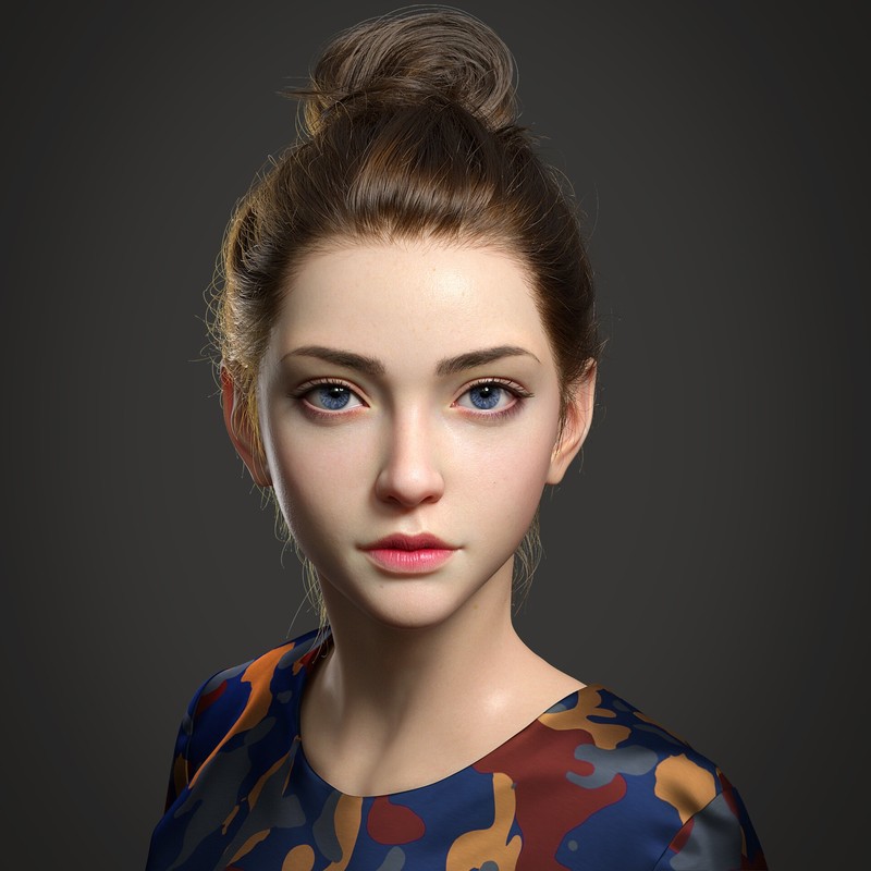 Sensen Wu, CGI, brunette, hairbun, blue eyes, portrait, looking at viewer, simple background, women