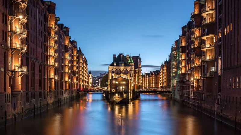 night city, architecture, river, city lights, hamburg, 4k