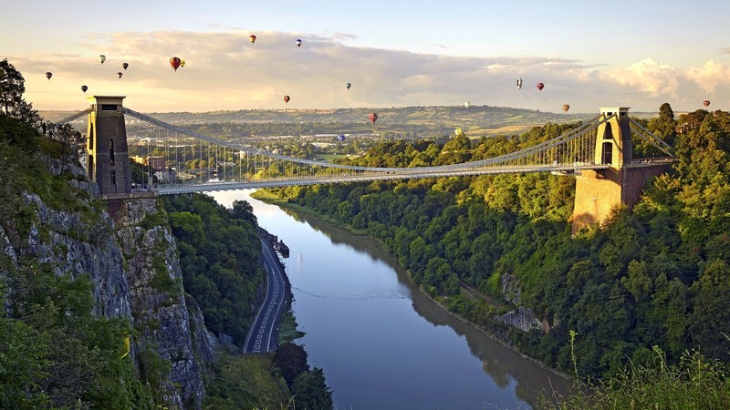 forest, hills, hot air balloons, bridge, clouds, river, road, England, UK, The Clifton Suspension Bridge, trees