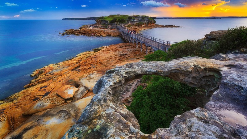 sunset, rocks, trees, bridge, Australia, sea, Sydney