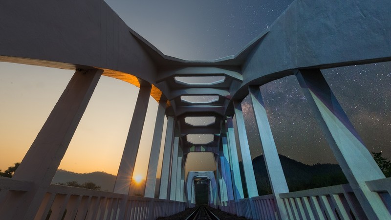 bridge, night, sunrise, Sun, stars, railway, mountains, clear sky, Thailand, Asian architecture