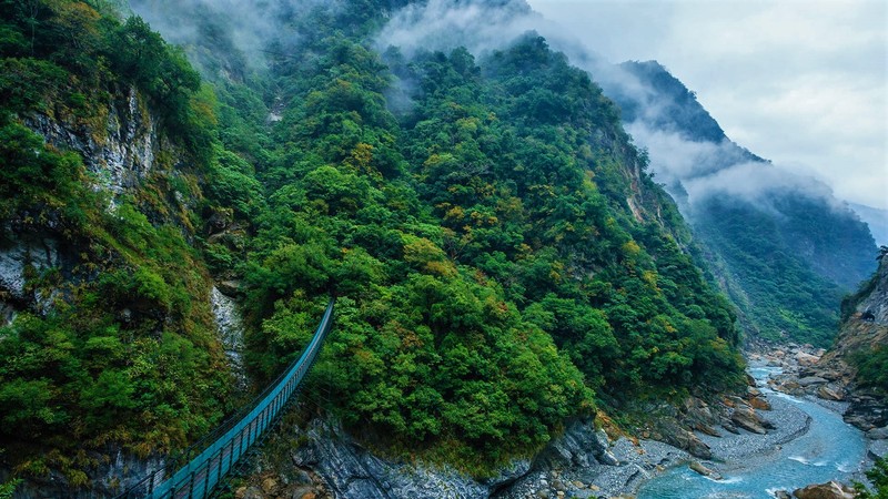 bridge, mountains, river, forest, trees, rocks, Taiwan, Taroko National Park, mist, clouds